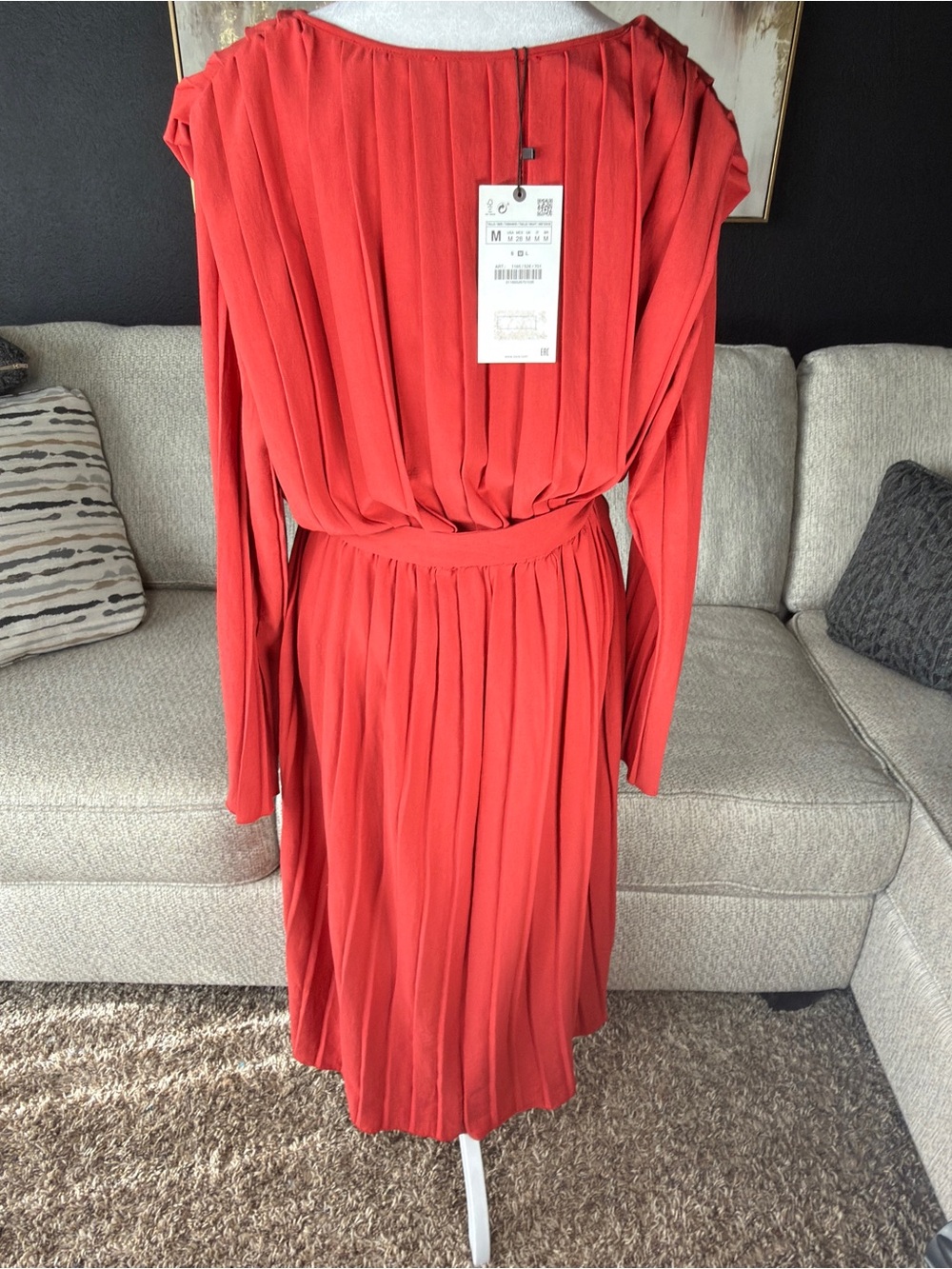 Zara Coral-Red Pleated V-Neck Midi Dress with Tie Waist - Picture 3 of 6